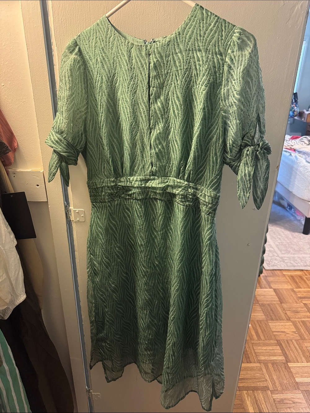 J.O.A. Green Textured Midi Dress with Tie Sleeves